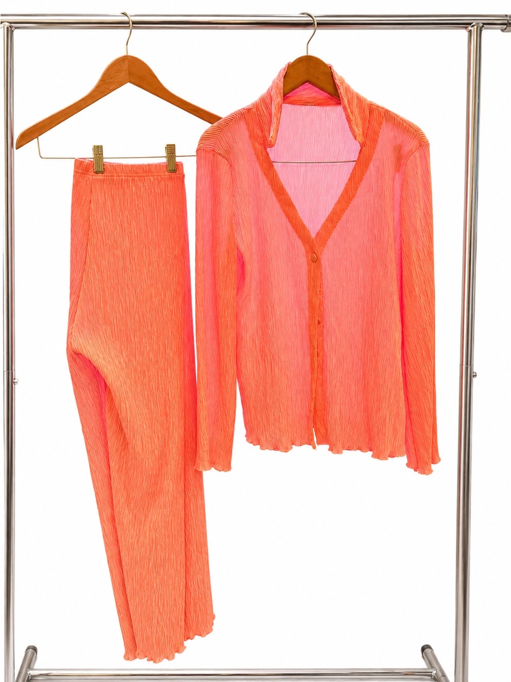 Coral Pink Pleated Two-Piece Top & Pants Set